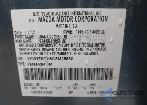 2012 Mazda Mazda6 I Touring from USA, damaged, VIN 1YVHZ8DH8C5M25880